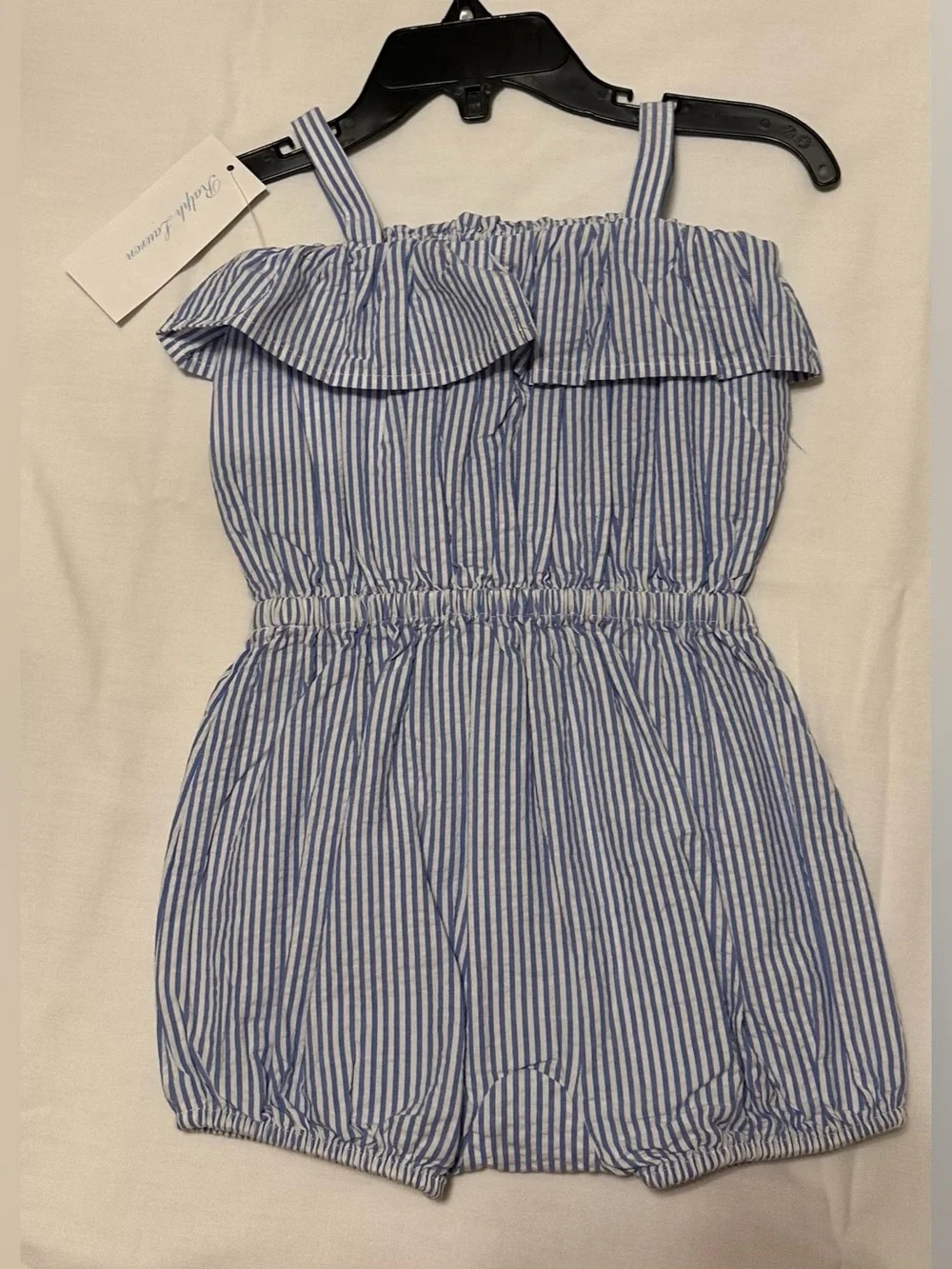 NWT Ralph Lauren Girls Blue & White Seersucker Stripe Ruffle Romper 6 Month